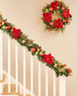 Pre-Lit Decorated Garland, Red/Gold, 9 Ft