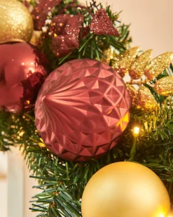 Pre-Lit Decorated Garland, Burgundy/Gold, 9 Ft