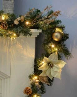 Pre-Lit Decorated Garland, Cream/Gold, 9 Ft