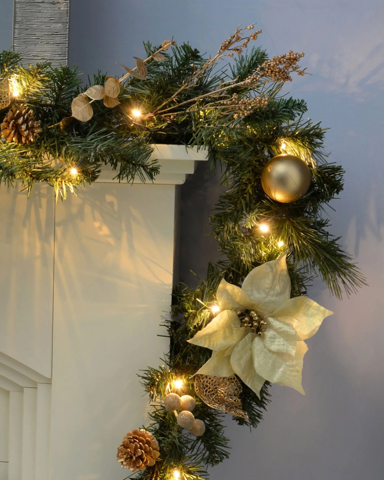 Pre-Lit Decorated Garland, Cream/Gold, 9 Ft