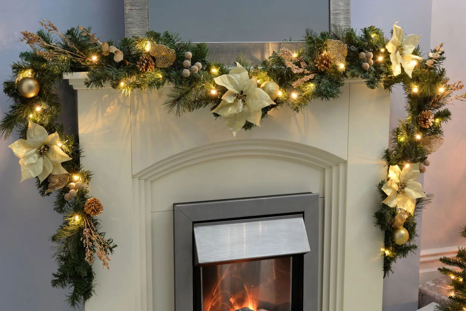 Pre-Lit Decorated Garland, Cream/Gold, 9 Ft