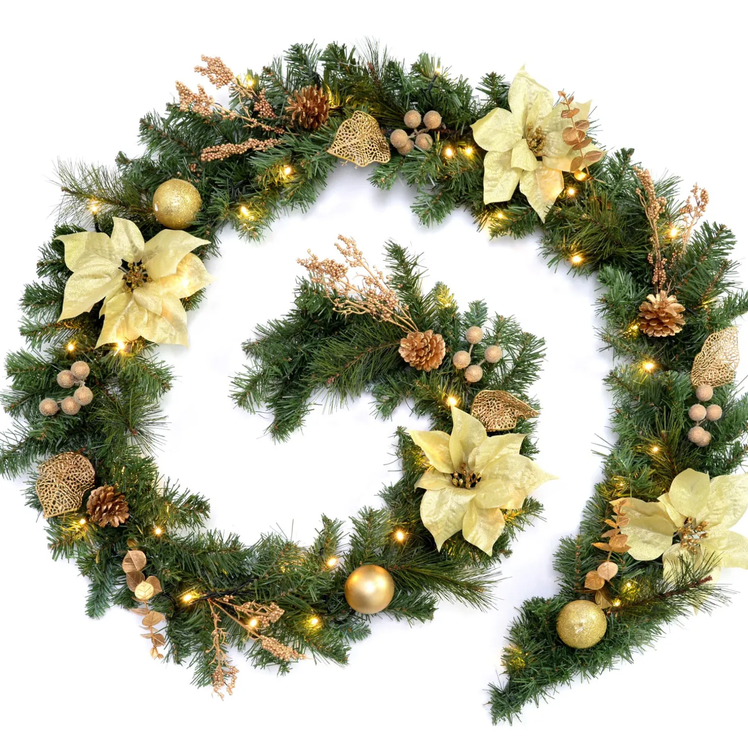 Pre-Lit Decorated Garland, Cream/Gold, 9 Ft