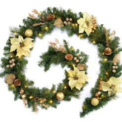 Pre-Lit Decorated Garland, Cream/Gold, 9 Ft