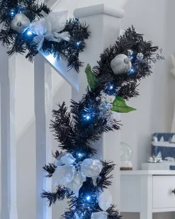 Pre-Lit Decorated Garland, Black/Silver, 9 Ft