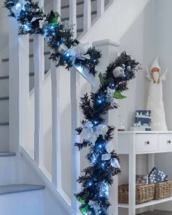 Pre-Lit Decorated Garland, Black/Silver, 9 Ft
