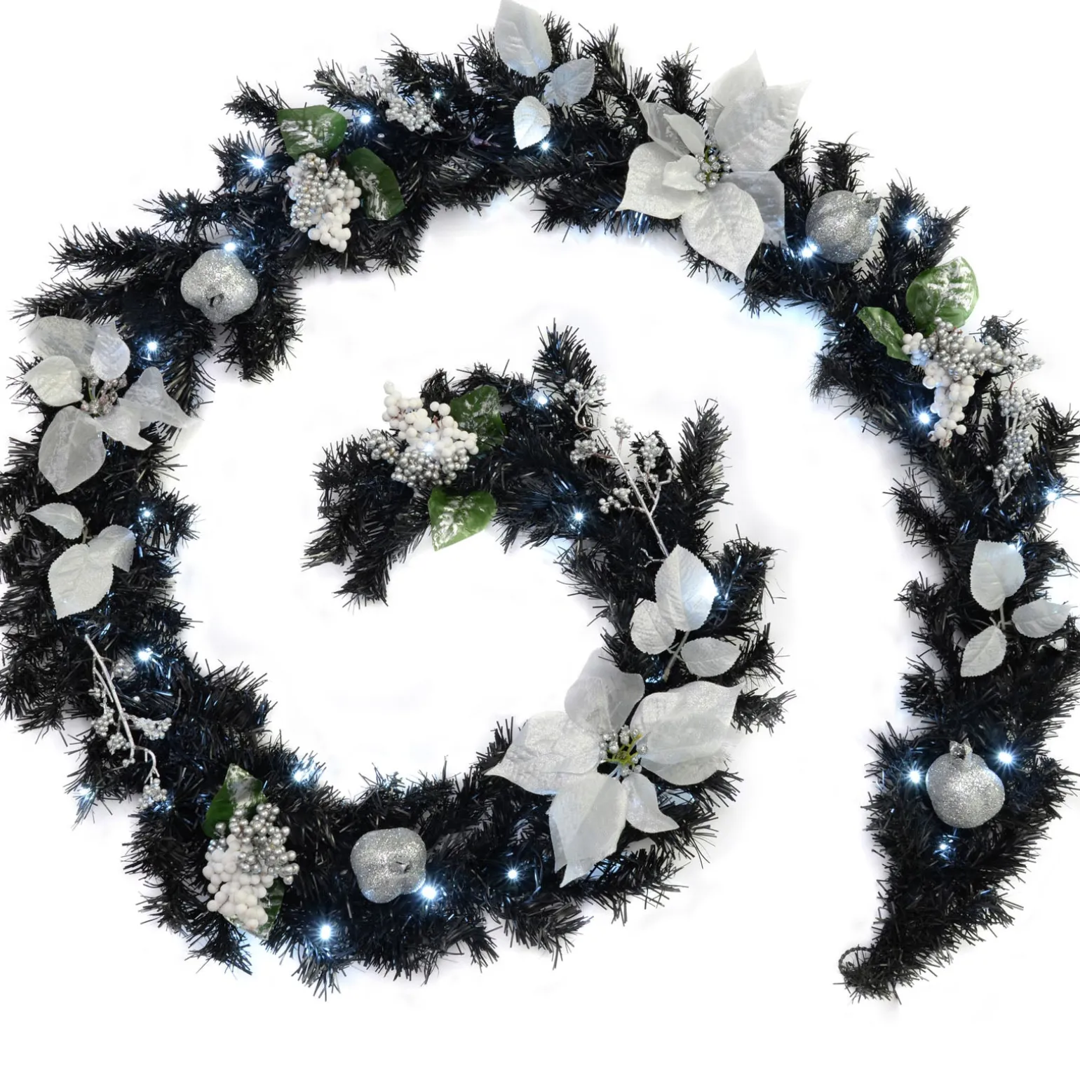 Pre-Lit Decorated Garland, Black/Silver, 9 Ft