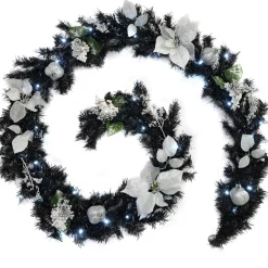 Pre-Lit Decorated Garland, Black/Silver, 9 Ft