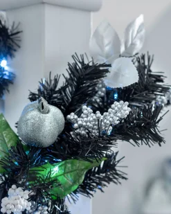 Pre-Lit Decorated Garland, Black/Silver, 9 Ft