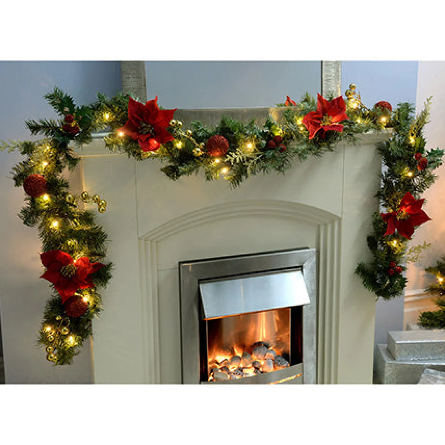 Pre-Lit Decorated Garland, Red/Gold, 9 Ft