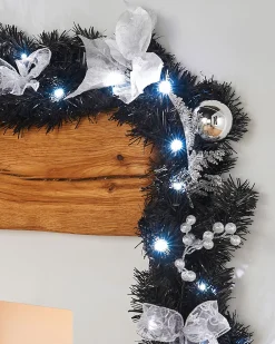 Pre-Lit Decorated Garland, Black/Silver, 9 Ft