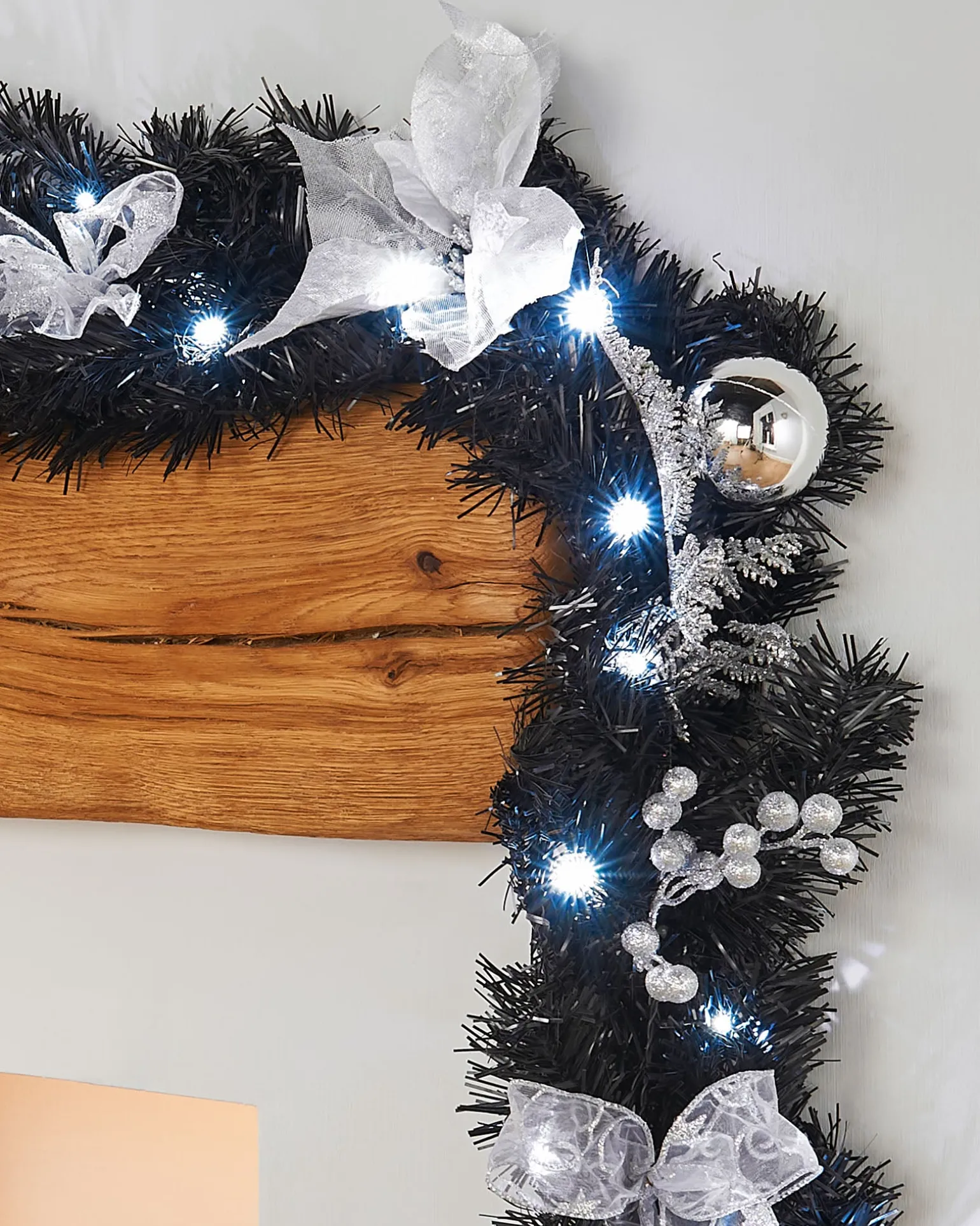 Pre-Lit Decorated Garland, Black/Silver, 9 Ft