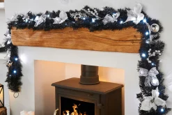 Pre-Lit Decorated Garland, Black/Silver, 9 Ft