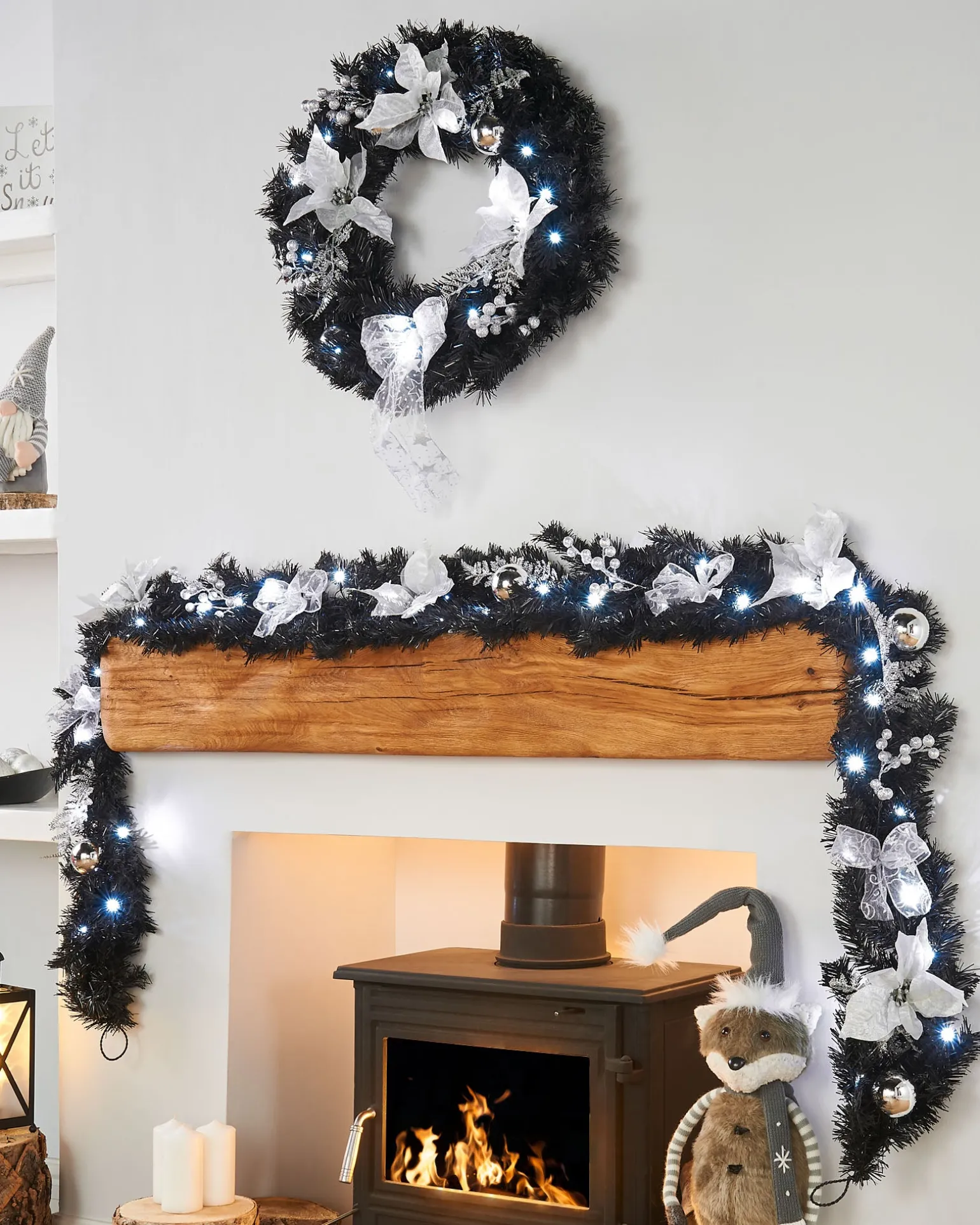 Pre-Lit Decorated Garland, Black/Silver, 9 Ft