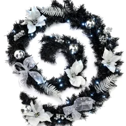 Pre-Lit Decorated Garland, Black/Silver, 9 Ft