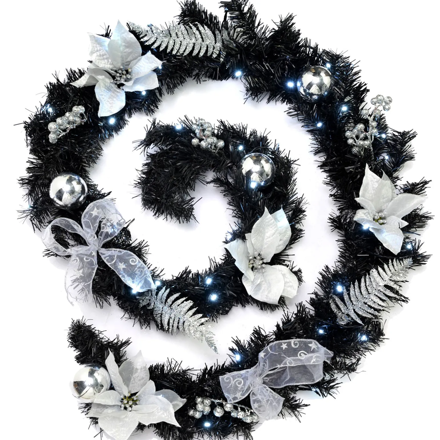Pre-Lit Decorated Garland, Black/Silver, 9 Ft