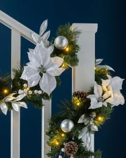 Pre-Lit Decorated Garland, Silver/White, 9 Ft