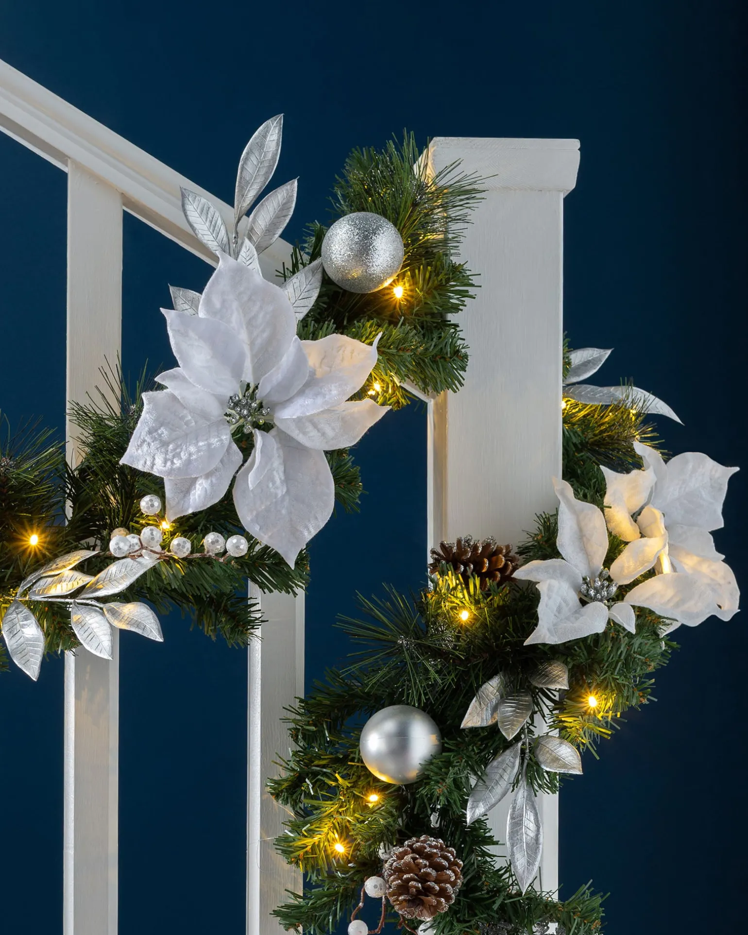 Pre-Lit Decorated Garland, Silver/White, 9 Ft