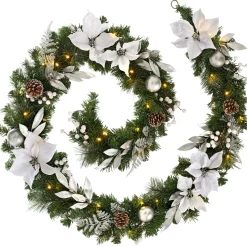 Pre-Lit Decorated Garland, Silver/White, 9 Ft