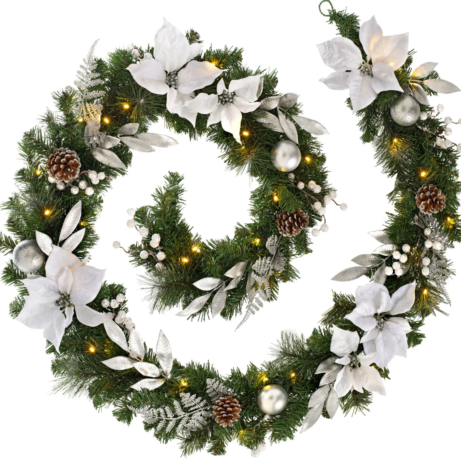 Pre-Lit Decorated Garland, Silver/White, 9 Ft