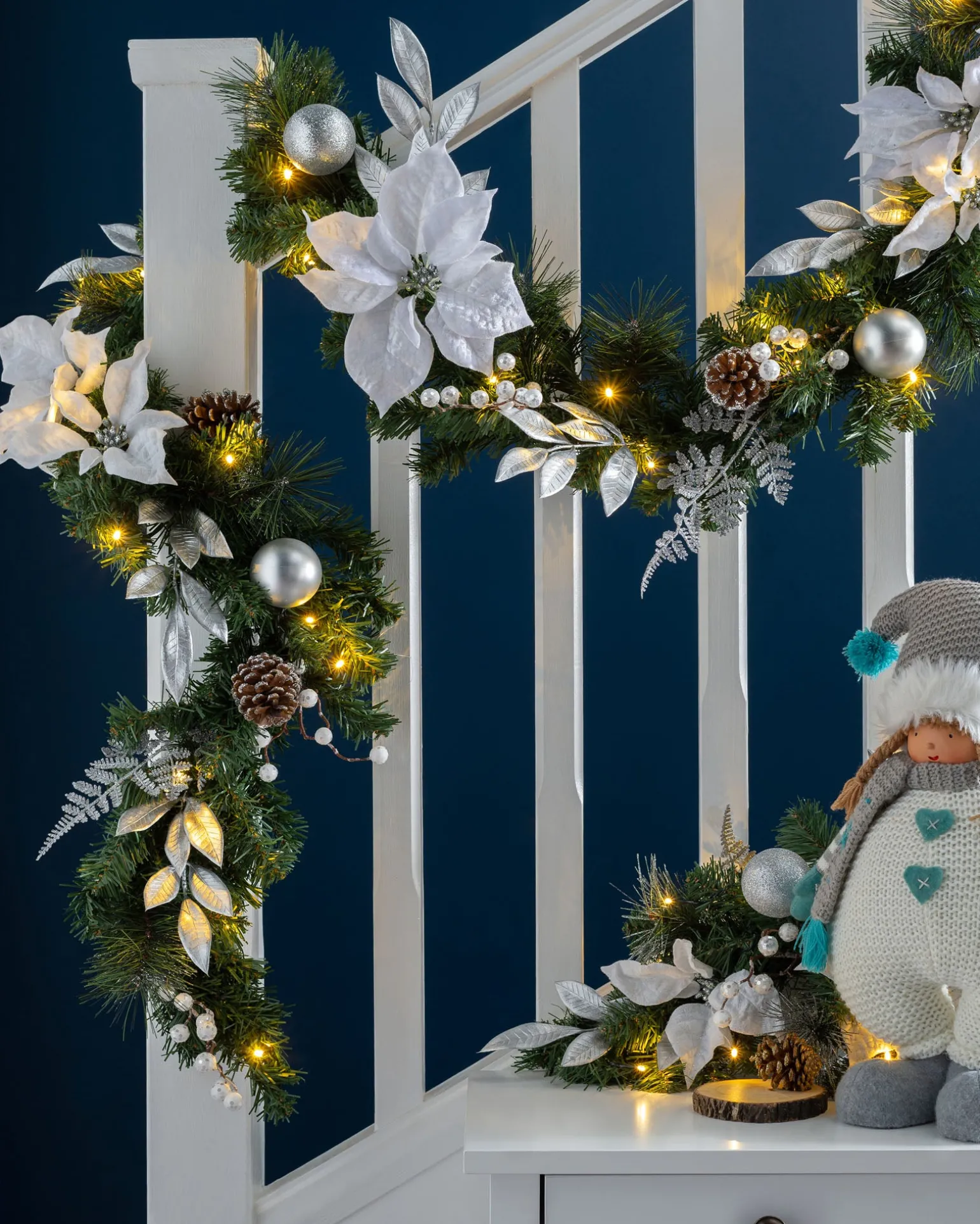 Pre-Lit Decorated Garland, Silver/White, 9 Ft
