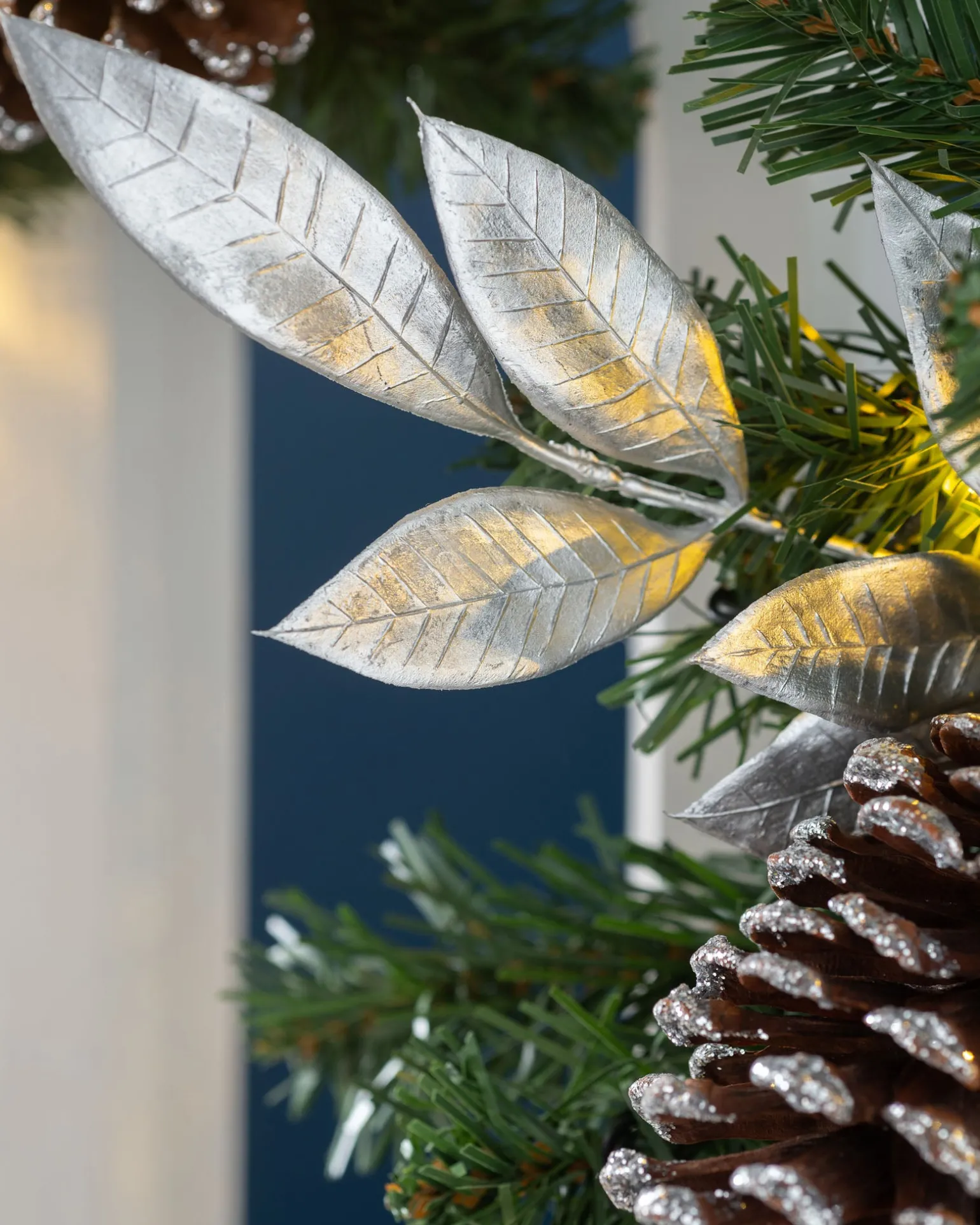 Pre-Lit Decorated Garland, Silver/White, 9 Ft