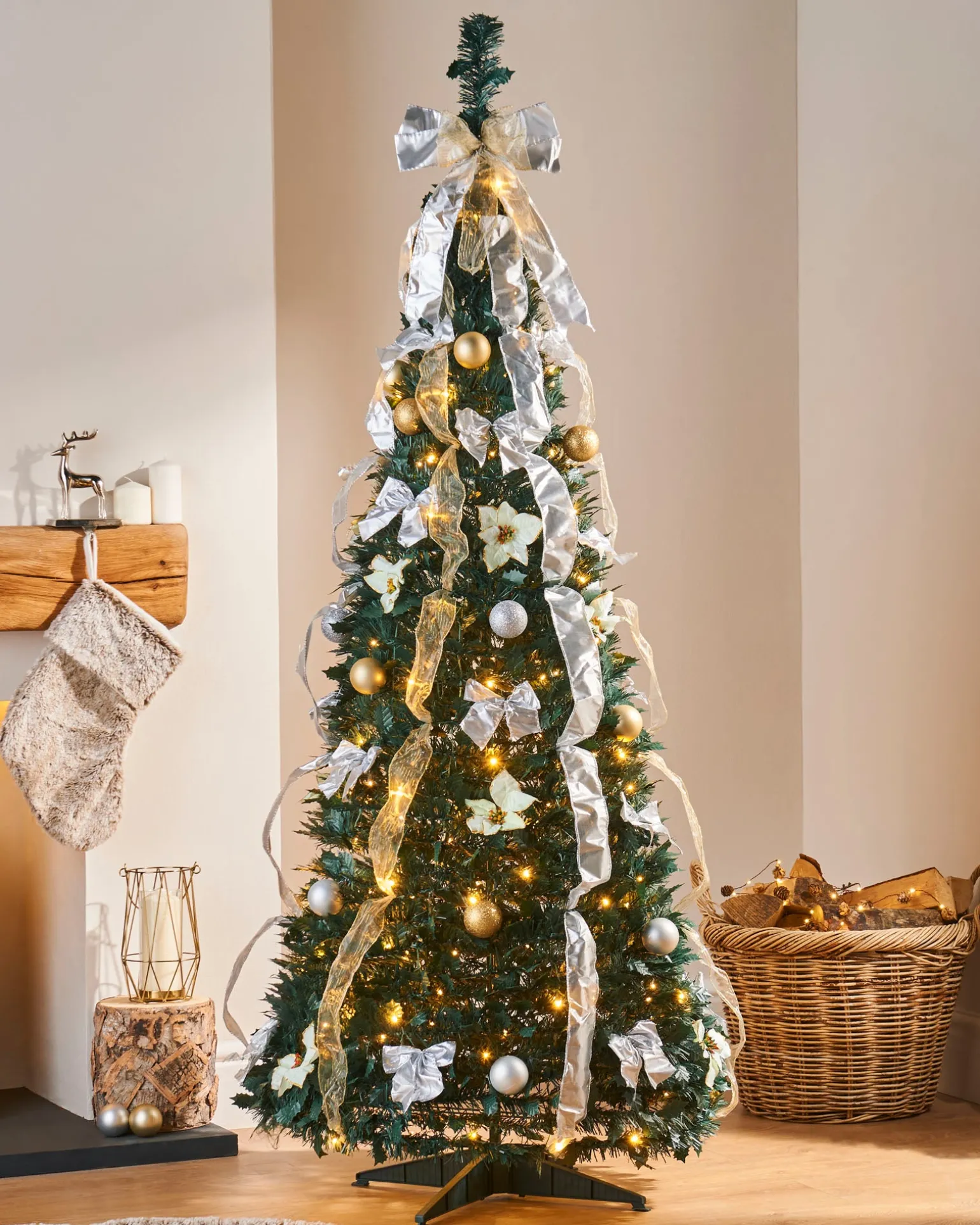 Pre-Lit Decorated Holly Pop-Up Christmas Tree, Champagne & Silver, 6 Ft