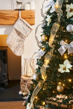 Pre-Lit Decorated Holly Pop-Up Christmas Tree, Champagne & Silver, 6 Ft