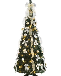 Pre-Lit Decorated Holly Pop-Up Christmas Tree, Champagne & Silver, 6 Ft