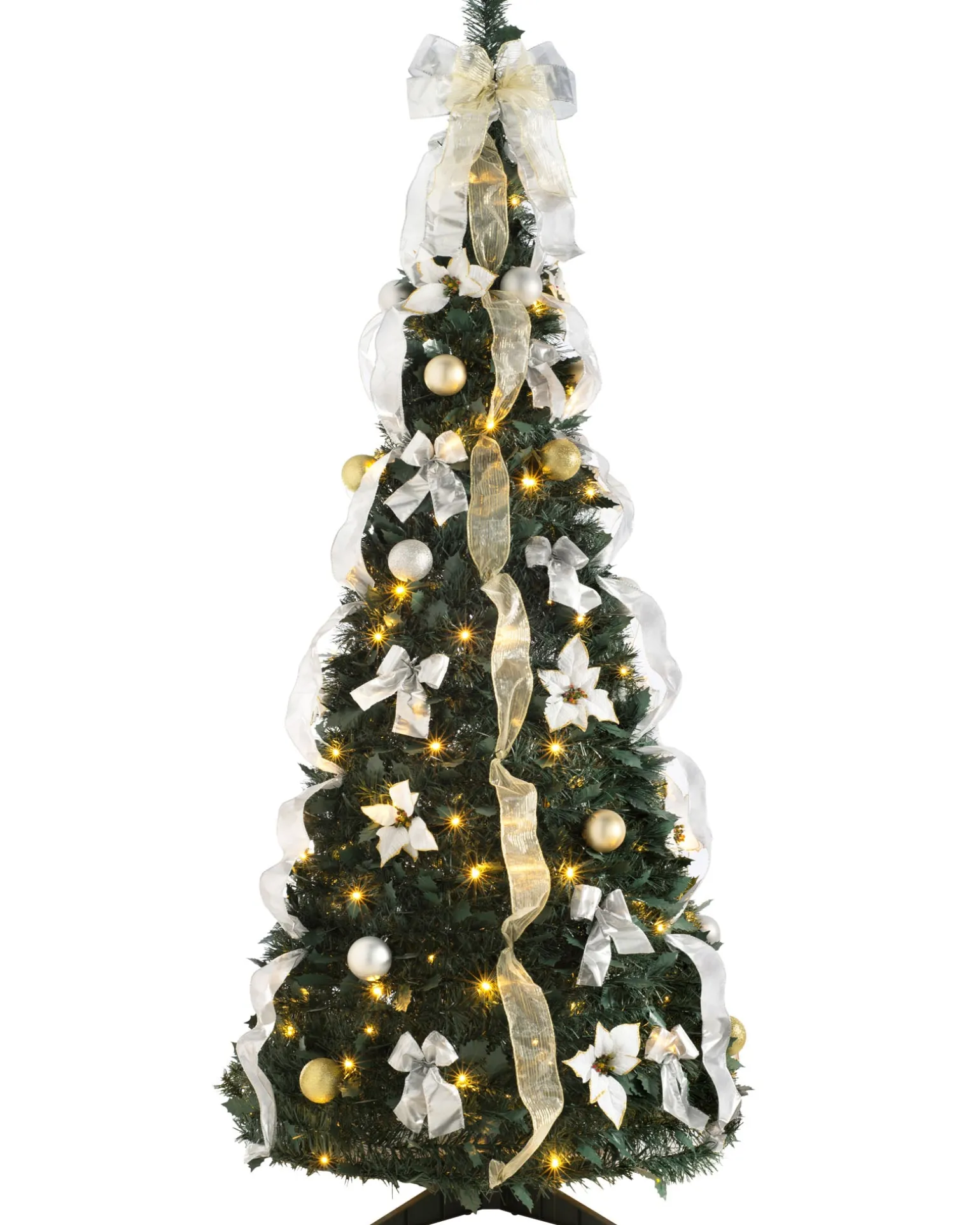 Pre-Lit Decorated Holly Pop-Up Christmas Tree, Champagne & Silver, 6 Ft