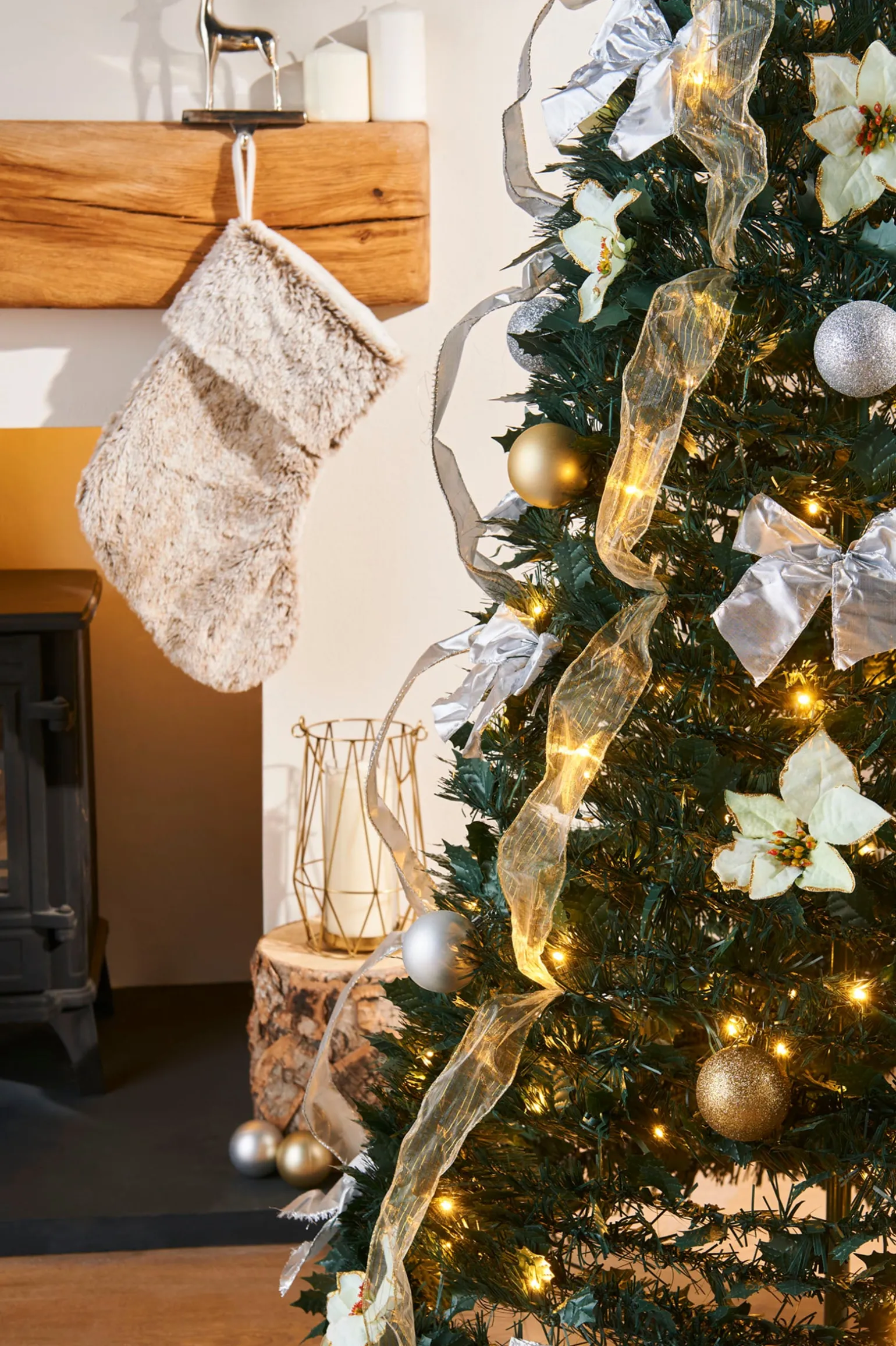 Pre-Lit Decorated Holly Pop-Up Christmas Tree, Champagne & Silver, 6 Ft