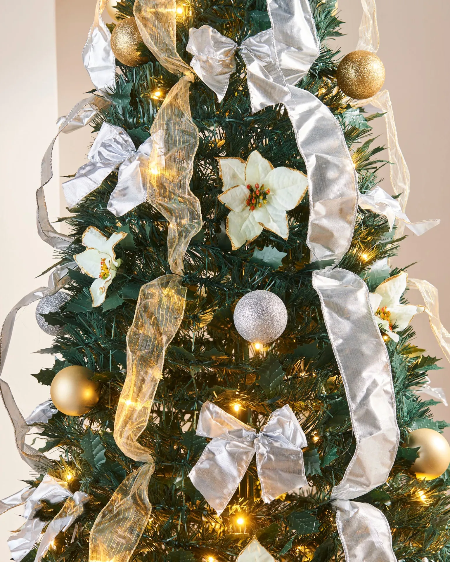 Pre-Lit Decorated Holly Pop-Up Christmas Tree, Champagne & Silver, 6 Ft