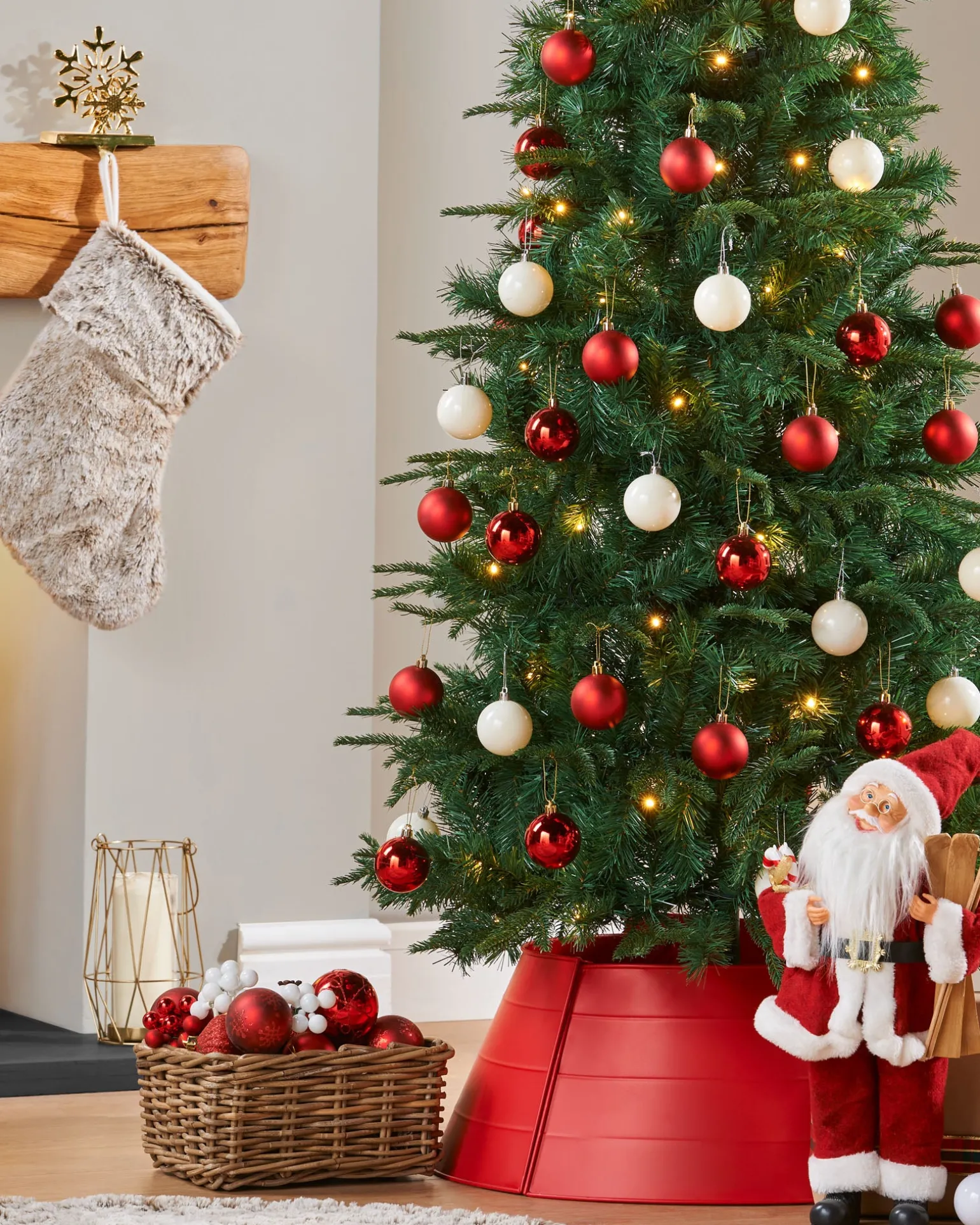 Pre-Lit Decorated Pop-Up Christmas Tree, Red & White, 6 Ft