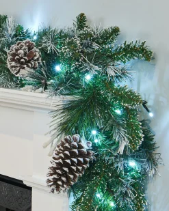Pre-Lit Decorated Snow Flocked Garland, Pinecones, 9 Ft
