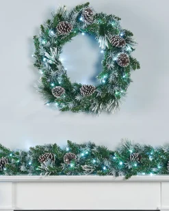 Pre-Lit Decorated Snow Flocked Garland, Pinecones, 9 Ft