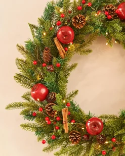 Pre-Lit Decorated Wreath, Apples & Cinnamon Sticks, 76 Cm