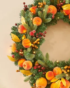 Pre-Lit Decorated Wreath, Apples & Peaches, 76 Cm