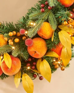 Pre-Lit Decorated Wreath, Apples & Peaches, 76 Cm