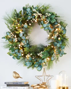 Pre-Lit Decorated Wreath, Berries & Eucalyptuses, 76 Cm