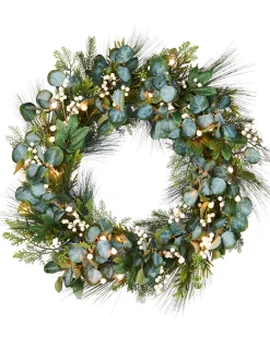 Pre-Lit Decorated Wreath, Berries & Eucalyptuses, 76 Cm
