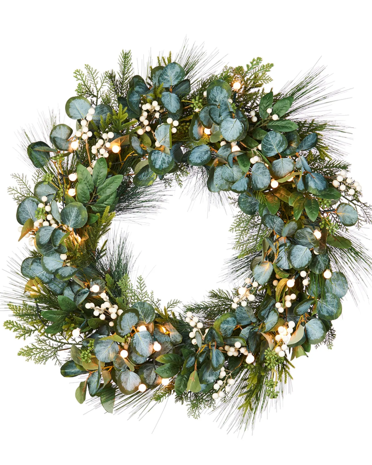 Pre-Lit Decorated Wreath, Berries & Eucalyptuses, 76 Cm