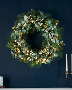 Pre-Lit Decorated Wreath, Berries & Eucalyptuses, 76 Cm