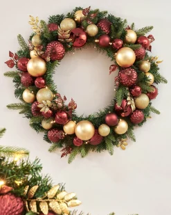 Pre-Lit Decorated Wreath, Burgundy/Gold, 76 Cm