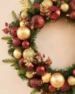 Pre-Lit Decorated Wreath, Burgundy/Gold, 76 Cm