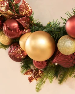 Pre-Lit Decorated Wreath, Burgundy/Gold, 76 Cm