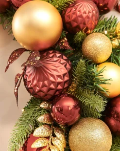 Pre-Lit Decorated Wreath, Burgundy/Gold, 76 Cm