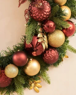 Pre-Lit Decorated Wreath, Burgundy/Gold, 76 Cm