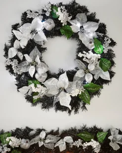 Pre-Lit Decorated Wreath, Black/Silver, 60 Cm