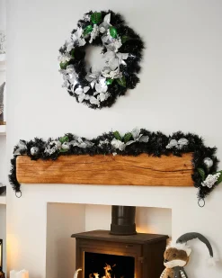 Pre-Lit Decorated Wreath, Black/Silver, 60 Cm