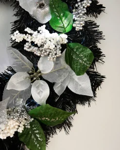Pre-Lit Decorated Wreath, Black/Silver, 60 Cm