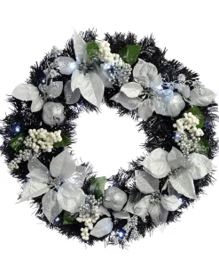 Pre-Lit Decorated Wreath, Black/Silver, 60 Cm